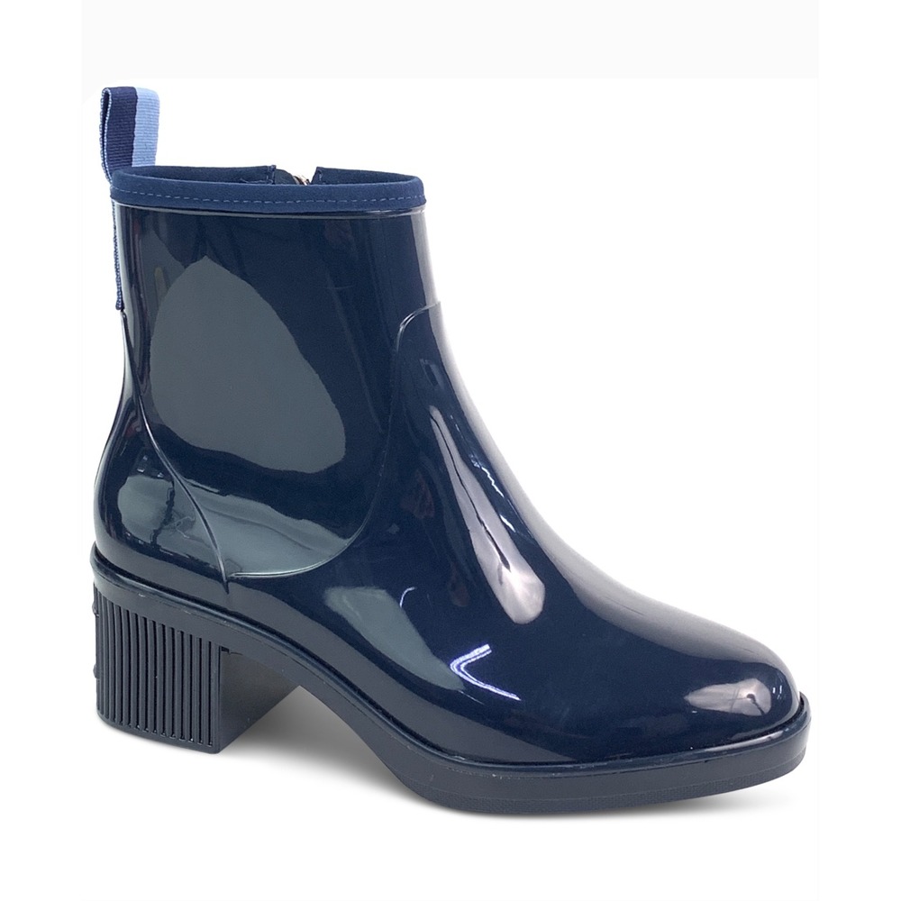 Kate Spade New York Women Navy Blue Glossy Ankle Rain Boots Block Heel Size 6